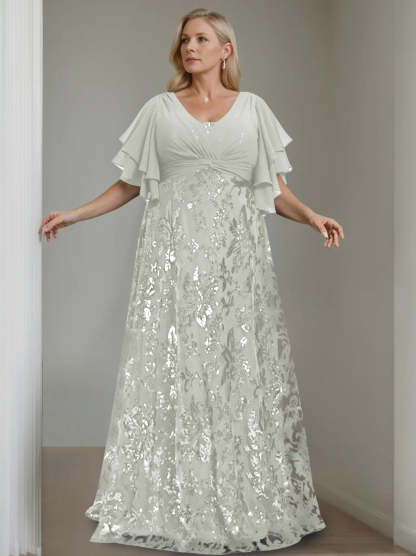 Plus Size V-Neck A-Line Princess Floor-Length Mother of the Bride Dress with Sequins and Half Sleeves-BMbridal.UK