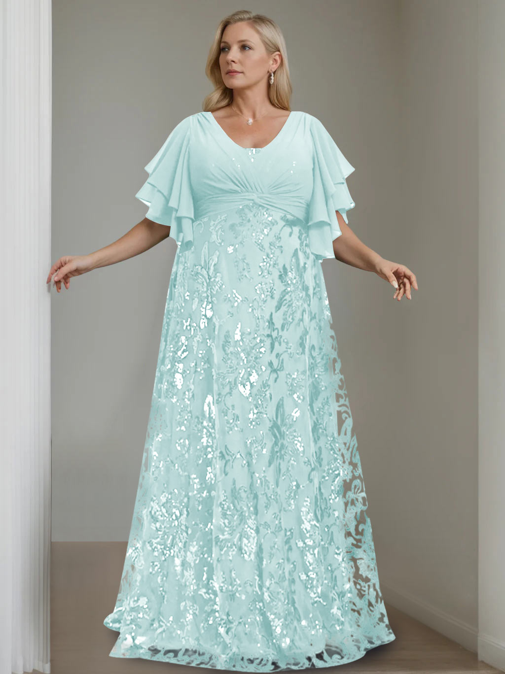 Plus Size V-Neck A-Line Princess Floor-Length Mother of the Bride Dress with Sequins and Half Sleeves-BMbridal.UK
