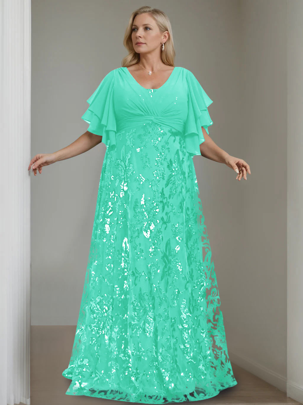 Plus Size V-Neck A-Line Princess Floor-Length Mother of the Bride Dress with Sequins and Half Sleeves-BMbridal.UK