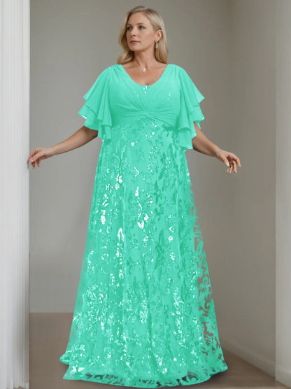 Plus Size V-Neck A-Line Princess Floor-Length Mother of the Bride Dress with Sequins and Half Sleeves-BMbridal.UK
