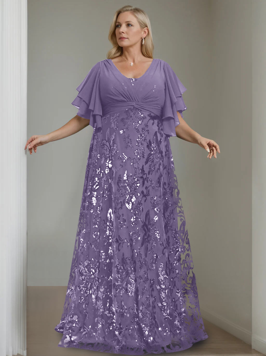 Plus Size V-Neck A-Line Princess Floor-Length Mother of the Bride Dress with Sequins and Half Sleeves-BMbridal.UK