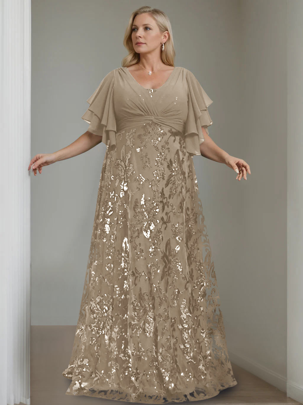 Plus Size V-Neck A-Line Princess Floor-Length Mother of the Bride Dress with Sequins and Half Sleeves-BMbridal.UK