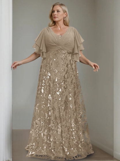 Plus Size V-Neck A-Line Princess Floor-Length Mother of the Bride Dress with Sequins and Half Sleeves-BMbridal.UK
