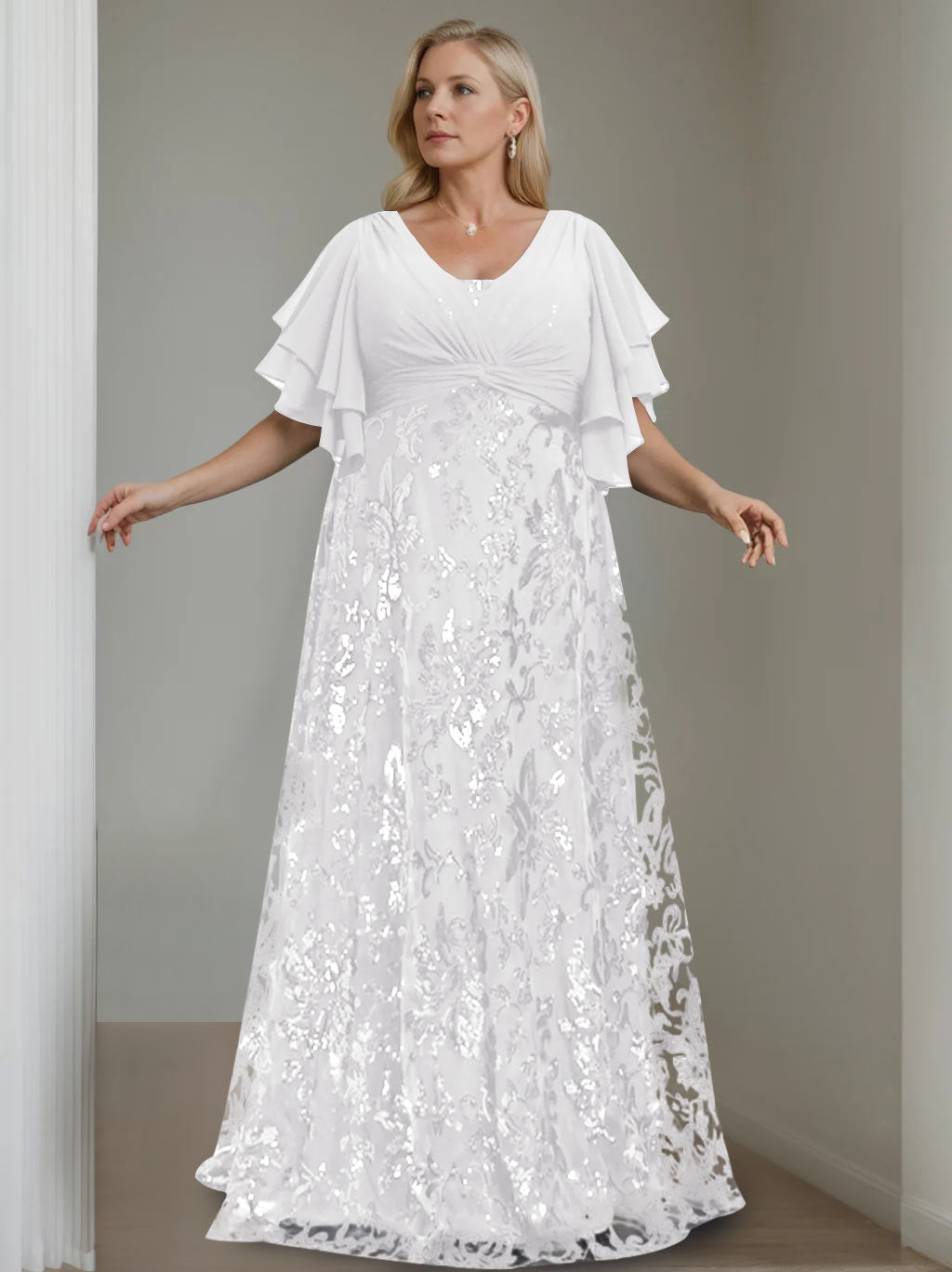 Plus Size V-Neck A-Line Princess Floor-Length Mother of the Bride Dress with Sequins and Half Sleeves-BMbridal.UK