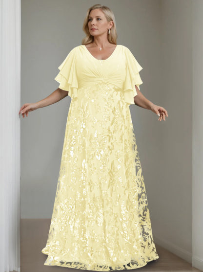 Plus Size V-Neck A-Line Princess Floor-Length Mother of the Bride Dress with Sequins and Half Sleeves-BMbridal.UK