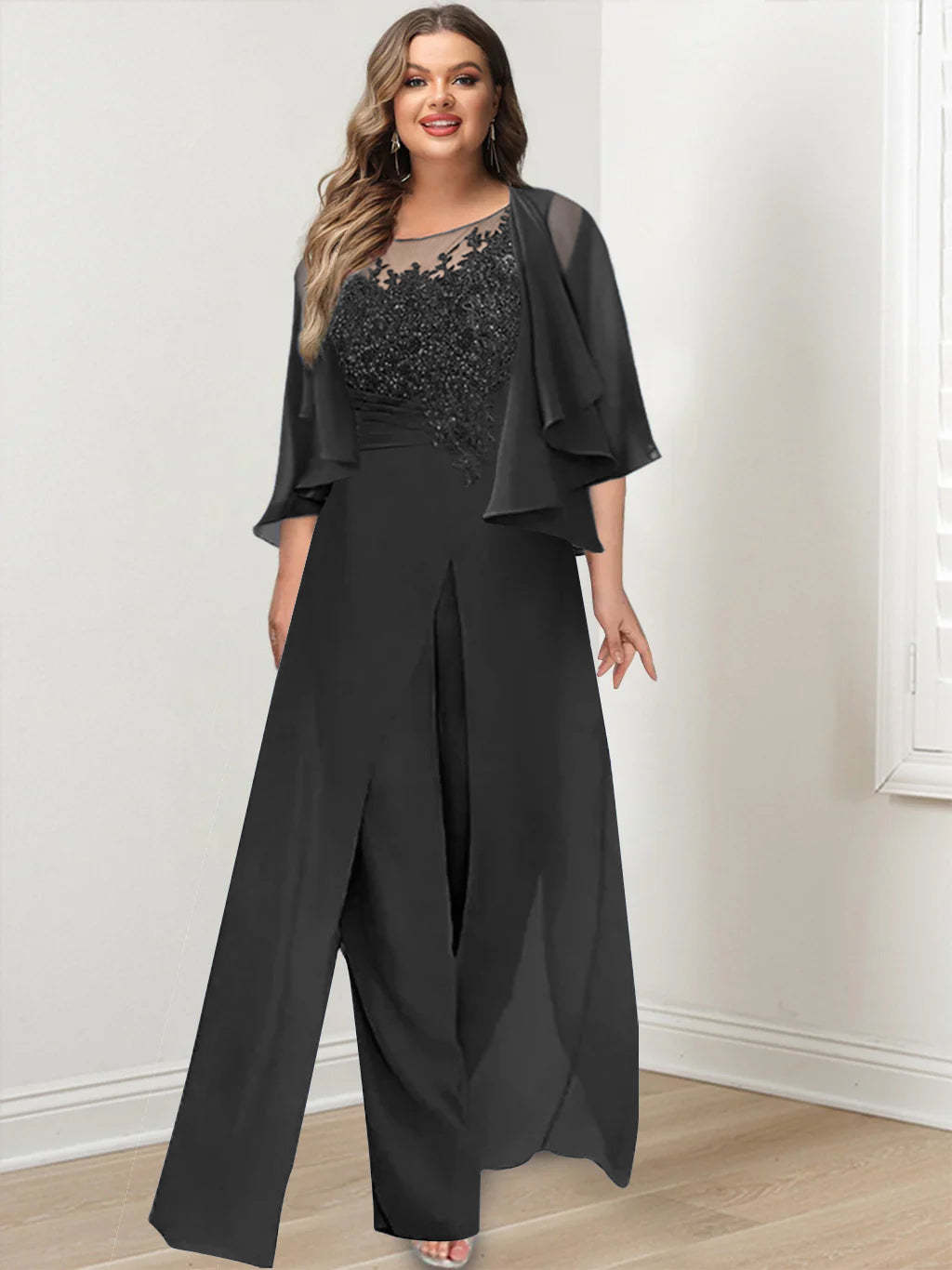Plus Size Mother of the Bride A-Line/Princess Jumpsuit with Jacket Floor-Length Design Side Split & Appliques-BMbridal.UK