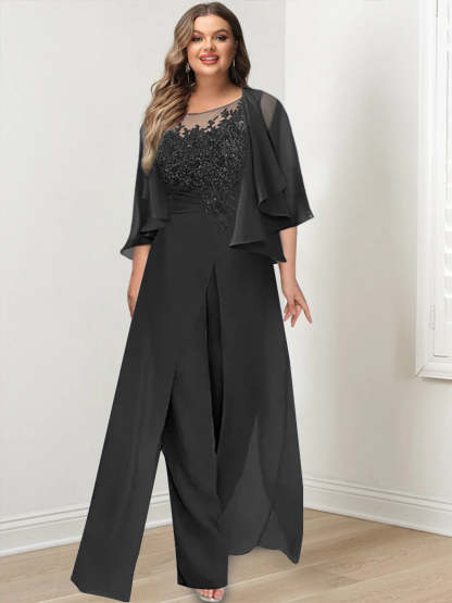 Plus Size Mother of the Bride A-Line/Princess Jumpsuit with Jacket Floor-Length Design Side Split & Appliques-BMbridal.UK