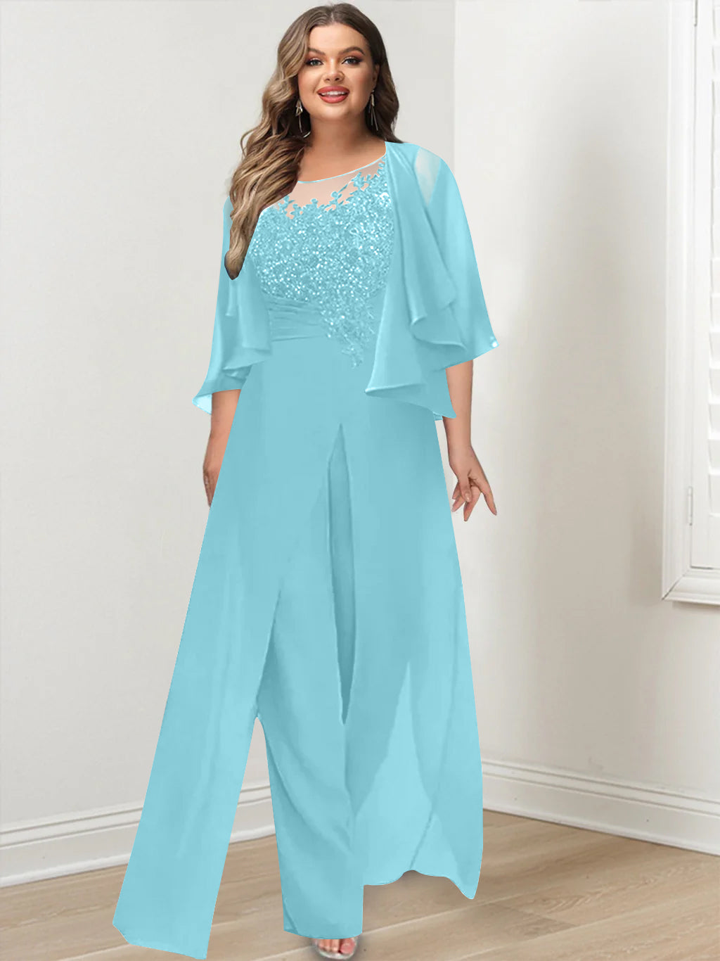 Plus Size Mother of the Bride A-Line/Princess Jumpsuit with Jacket Floor-Length Design Side Split & Appliques-BMbridal.UK