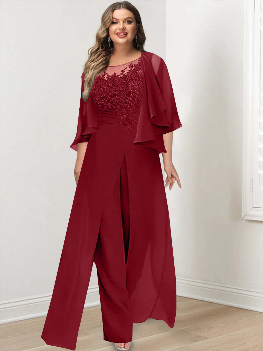 Plus Size Mother of the Bride A-Line/Princess Jumpsuit with Jacket Floor-Length Design Side Split & Appliques-BMbridal.UK