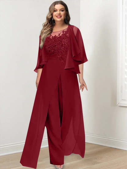 Plus Size Mother of the Bride A-Line/Princess Jumpsuit with Jacket Floor-Length Design Side Split & Appliques-BMbridal.UK