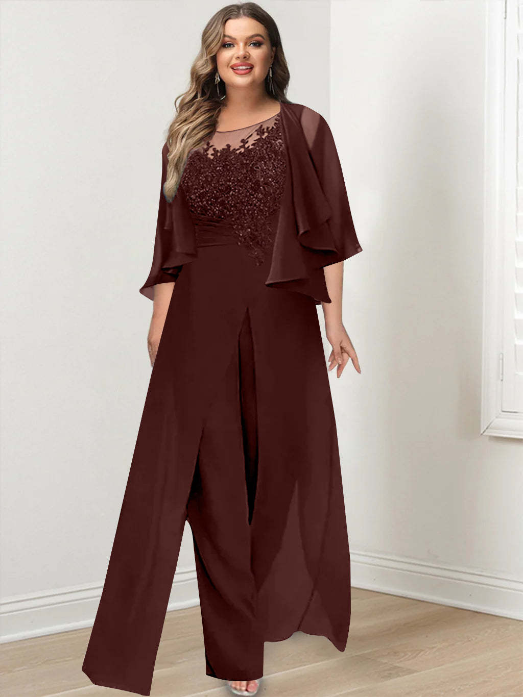 Plus Size Mother of the Bride A-Line/Princess Jumpsuit with Jacket Floor-Length Design Side Split & Appliques-BMbridal.UK