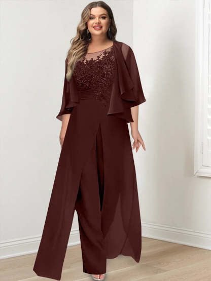 Plus Size Mother of the Bride A-Line/Princess Jumpsuit with Jacket Floor-Length Design Side Split & Appliques-BMbridal.UK