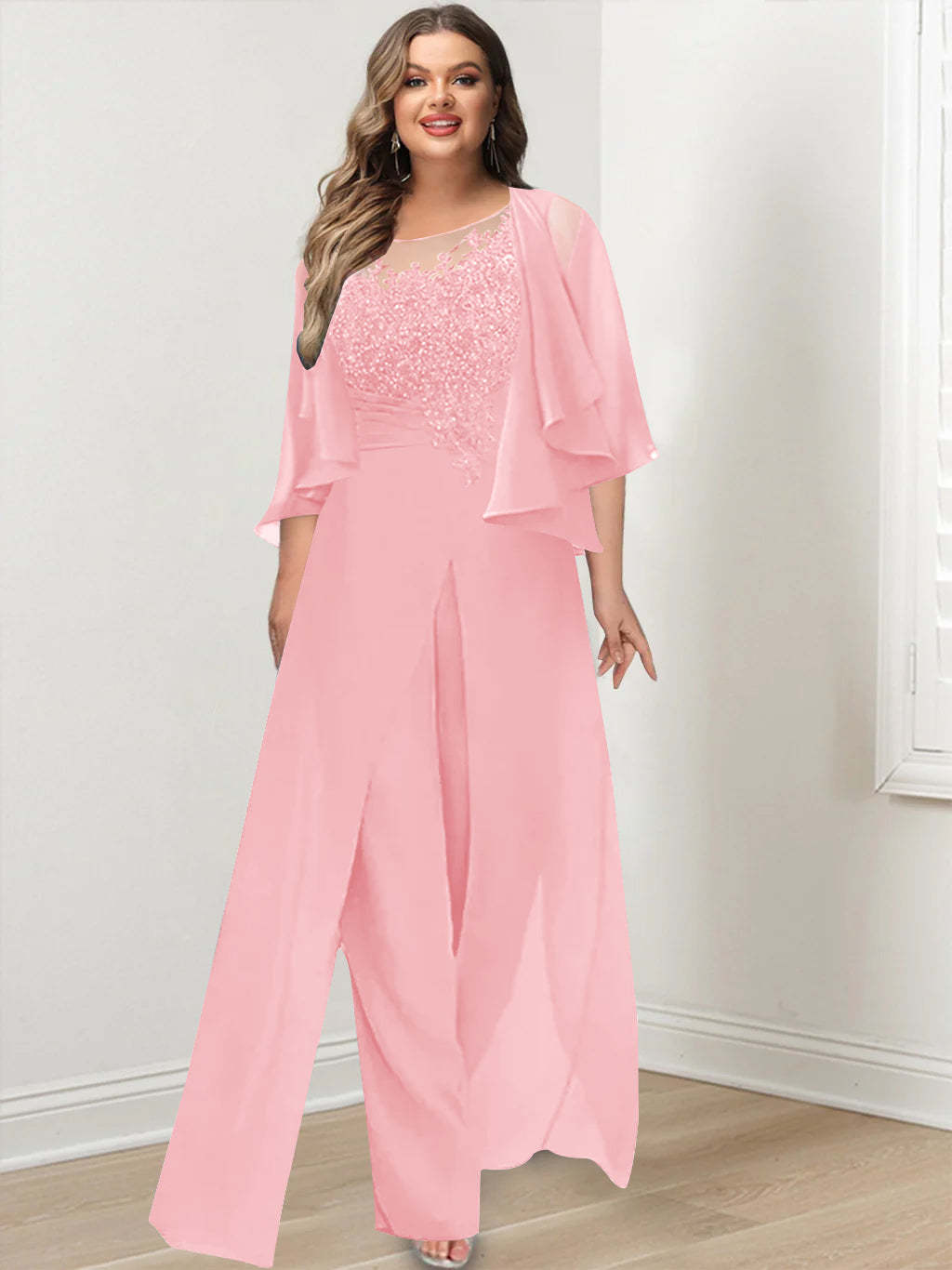 Plus Size Mother of the Bride A-Line/Princess Jumpsuit with Jacket Floor-Length Design Side Split & Appliques-BMbridal.UK