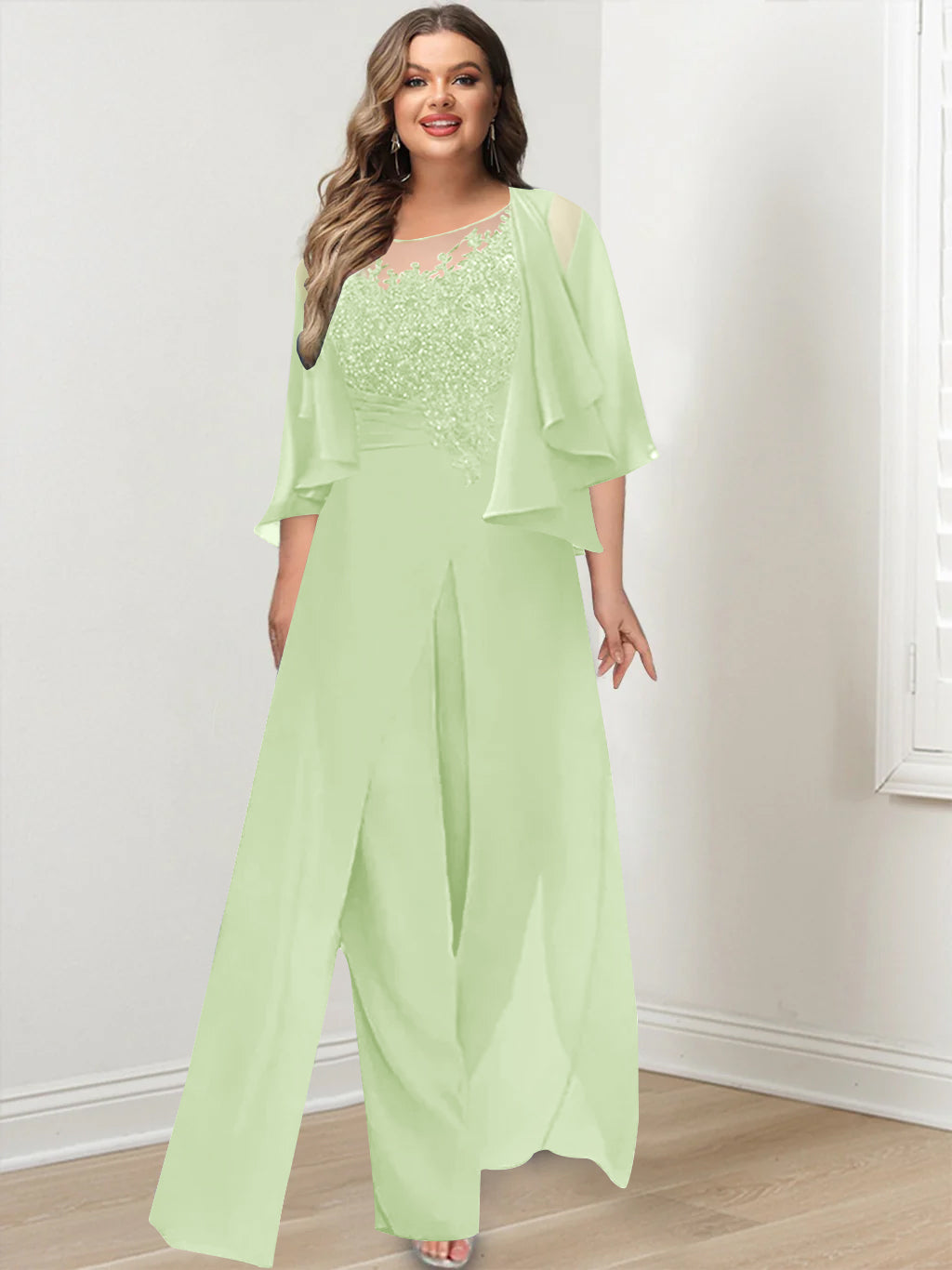 Plus Size Mother of the Bride A-Line/Princess Jumpsuit with Jacket Floor-Length Design Side Split & Appliques-BMbridal.UK