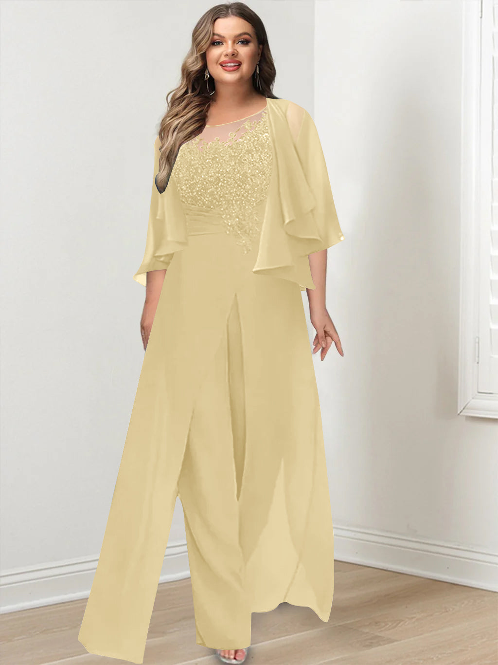 Plus Size Mother of the Bride A-Line/Princess Jumpsuit with Jacket Floor-Length Design Side Split & Appliques-BMbridal.UK