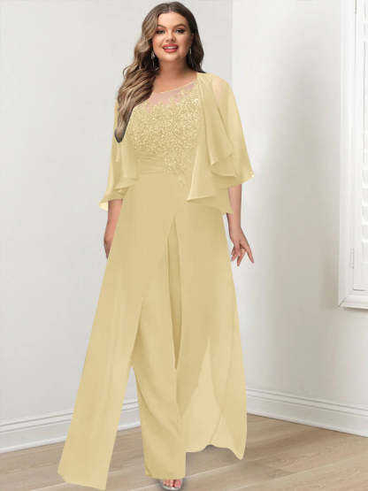 Plus Size Mother of the Bride A-Line/Princess Jumpsuit with Jacket Floor-Length Design Side Split & Appliques-BMbridal.UK