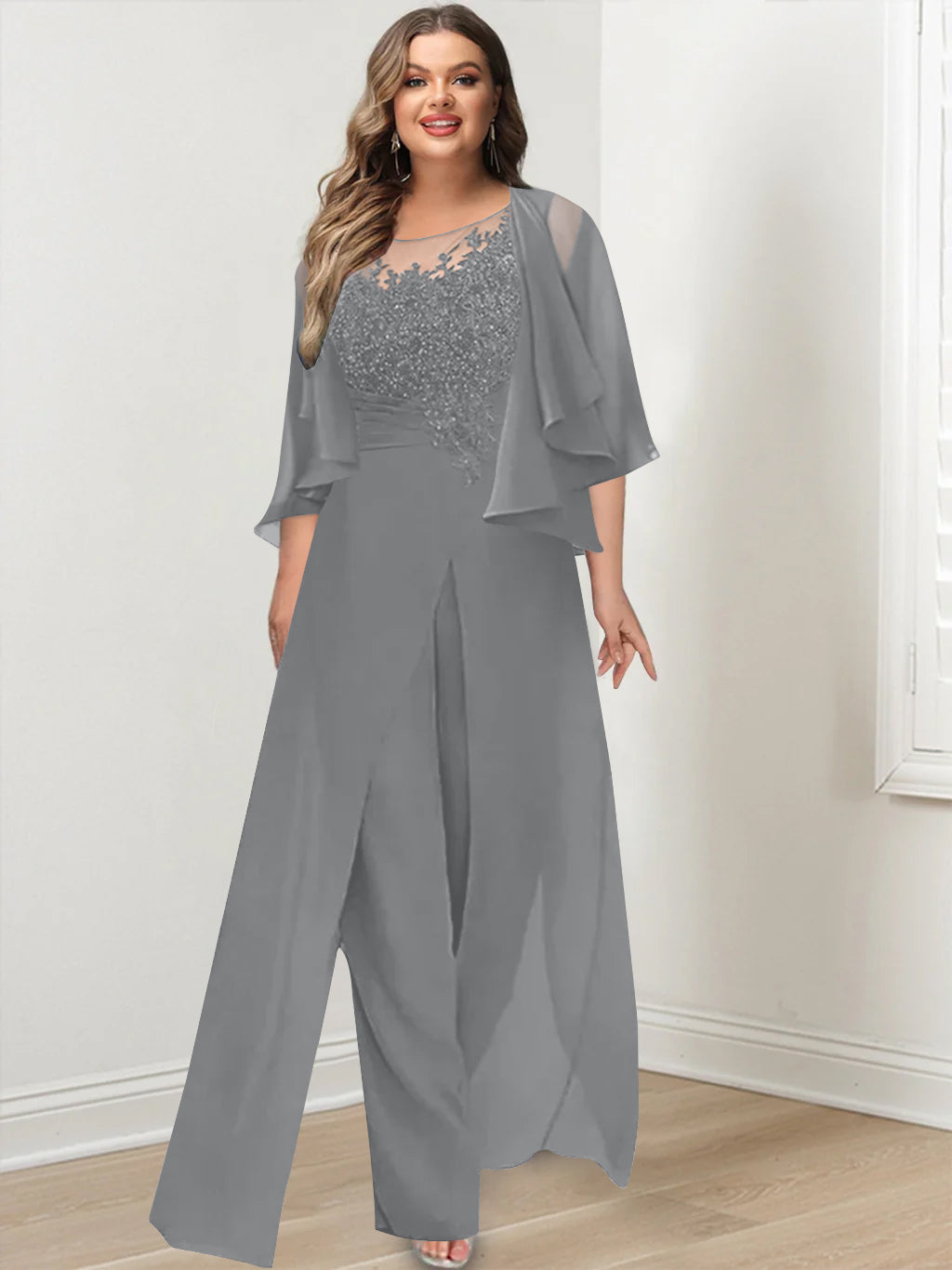 Plus Size Mother of the Bride A-Line/Princess Jumpsuit with Jacket Floor-Length Design Side Split & Appliques-BMbridal.UK