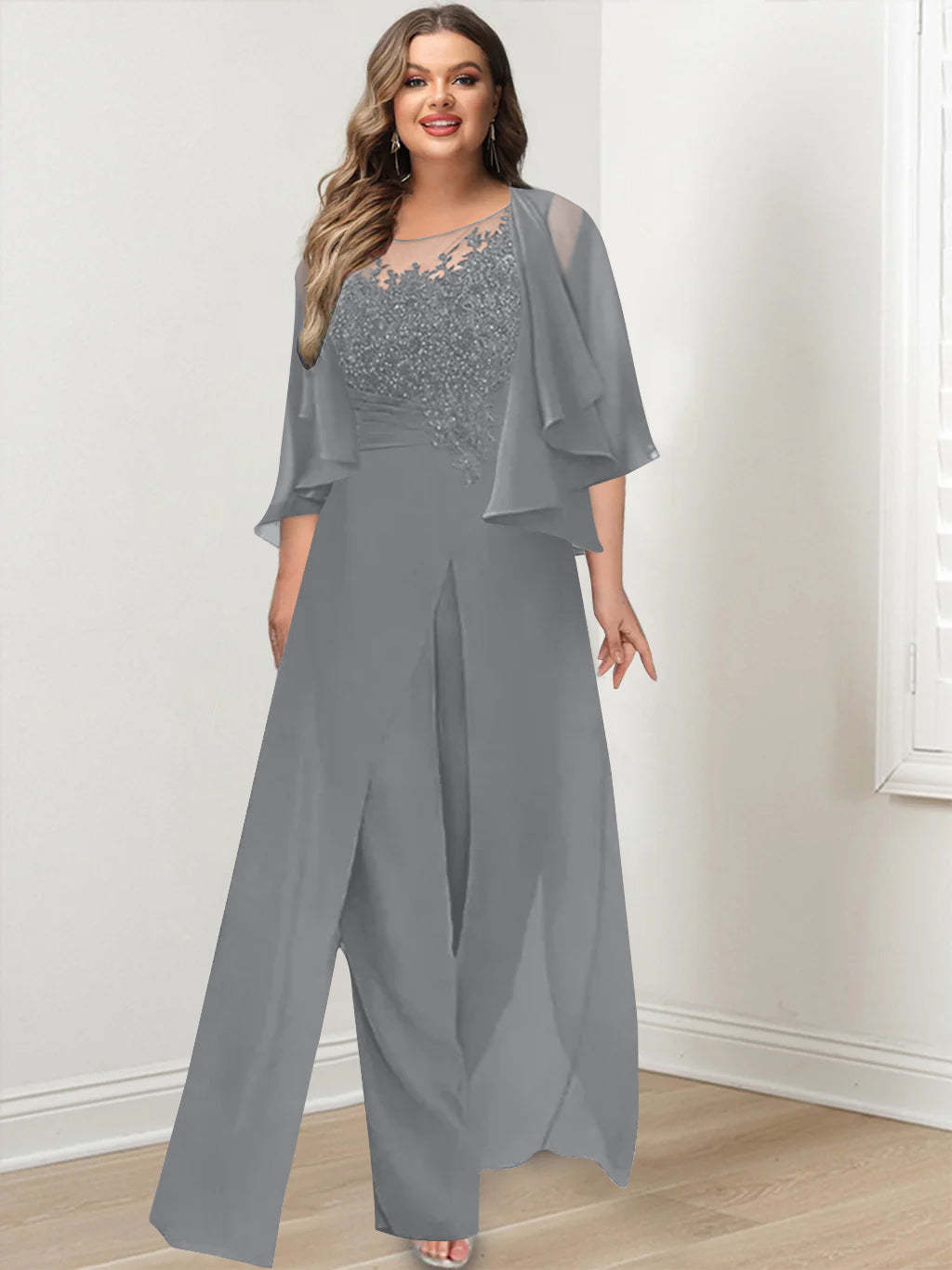 Plus Size Mother of the Bride A-Line/Princess Jumpsuit with Jacket Floor-Length Design Side Split & Appliques-BMbridal.UK