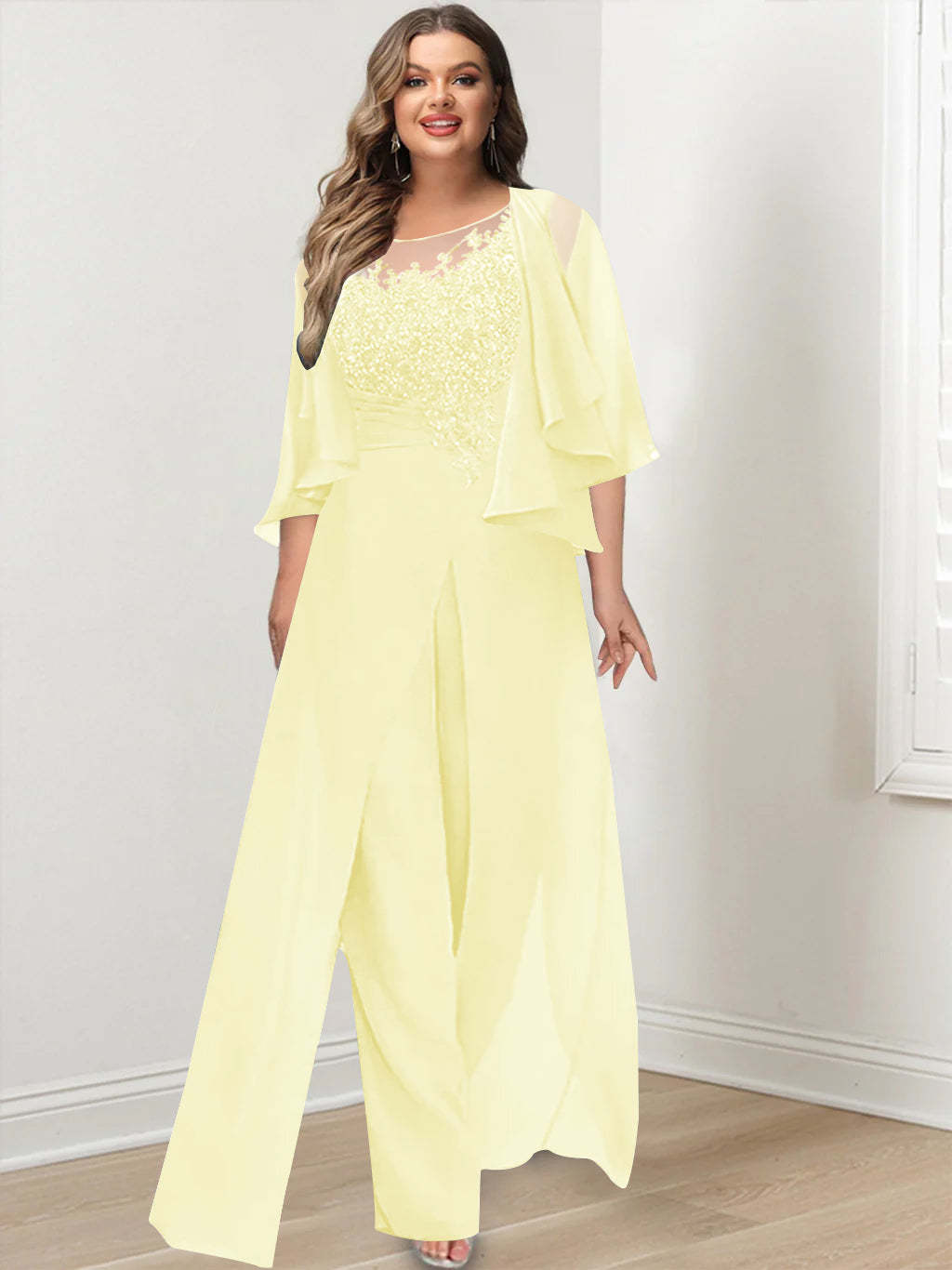 Plus Size Mother of the Bride A-Line/Princess Jumpsuit with Jacket Floor-Length Design Side Split & Appliques-BMbridal.UK
