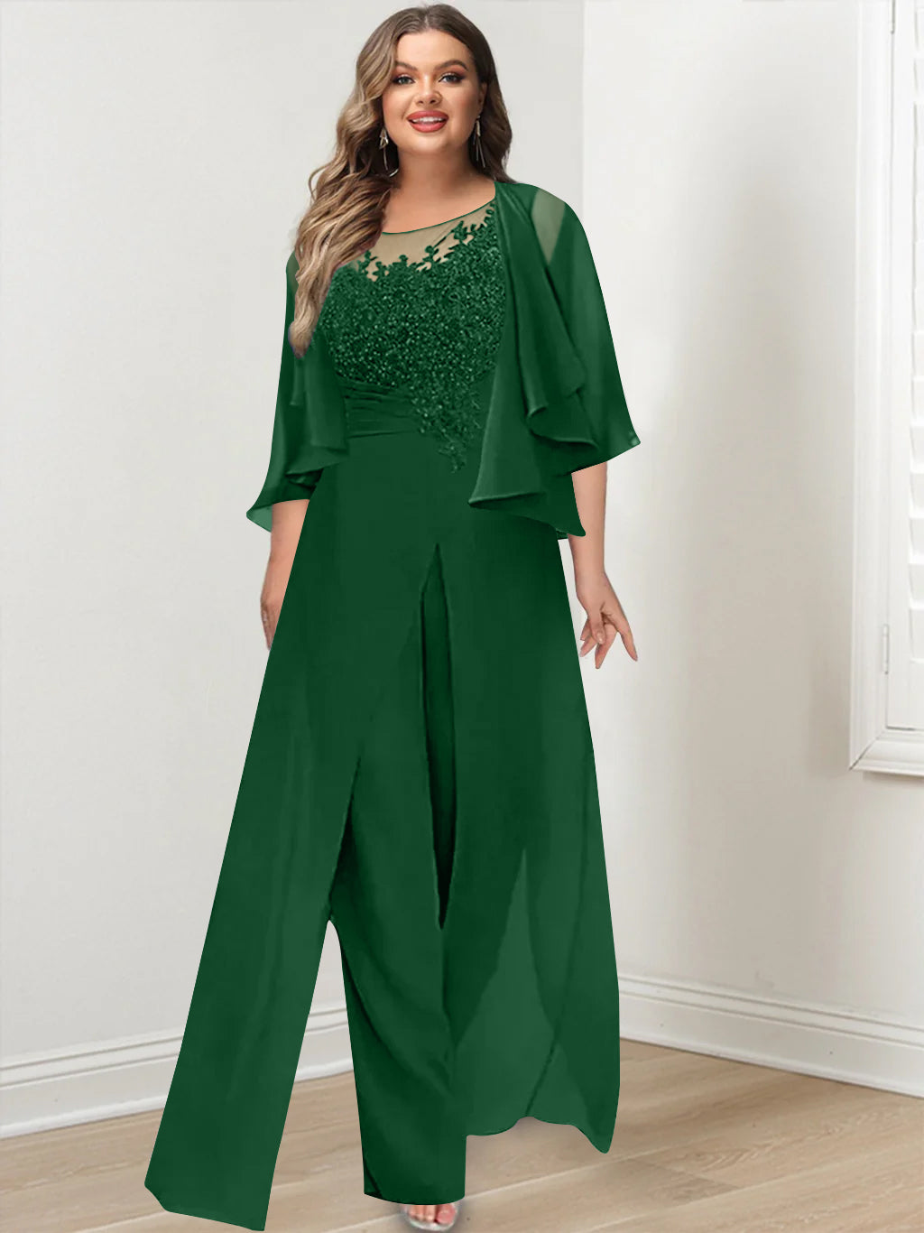 Plus Size Mother of the Bride A-Line/Princess Jumpsuit with Jacket Floor-Length Design Side Split & Appliques-BMbridal.UK