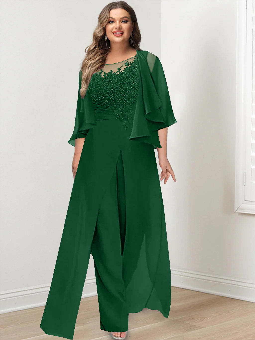 Plus Size Mother of the Bride A-Line/Princess Jumpsuit with Jacket Floor-Length Design Side Split & Appliques-BMbridal.UK