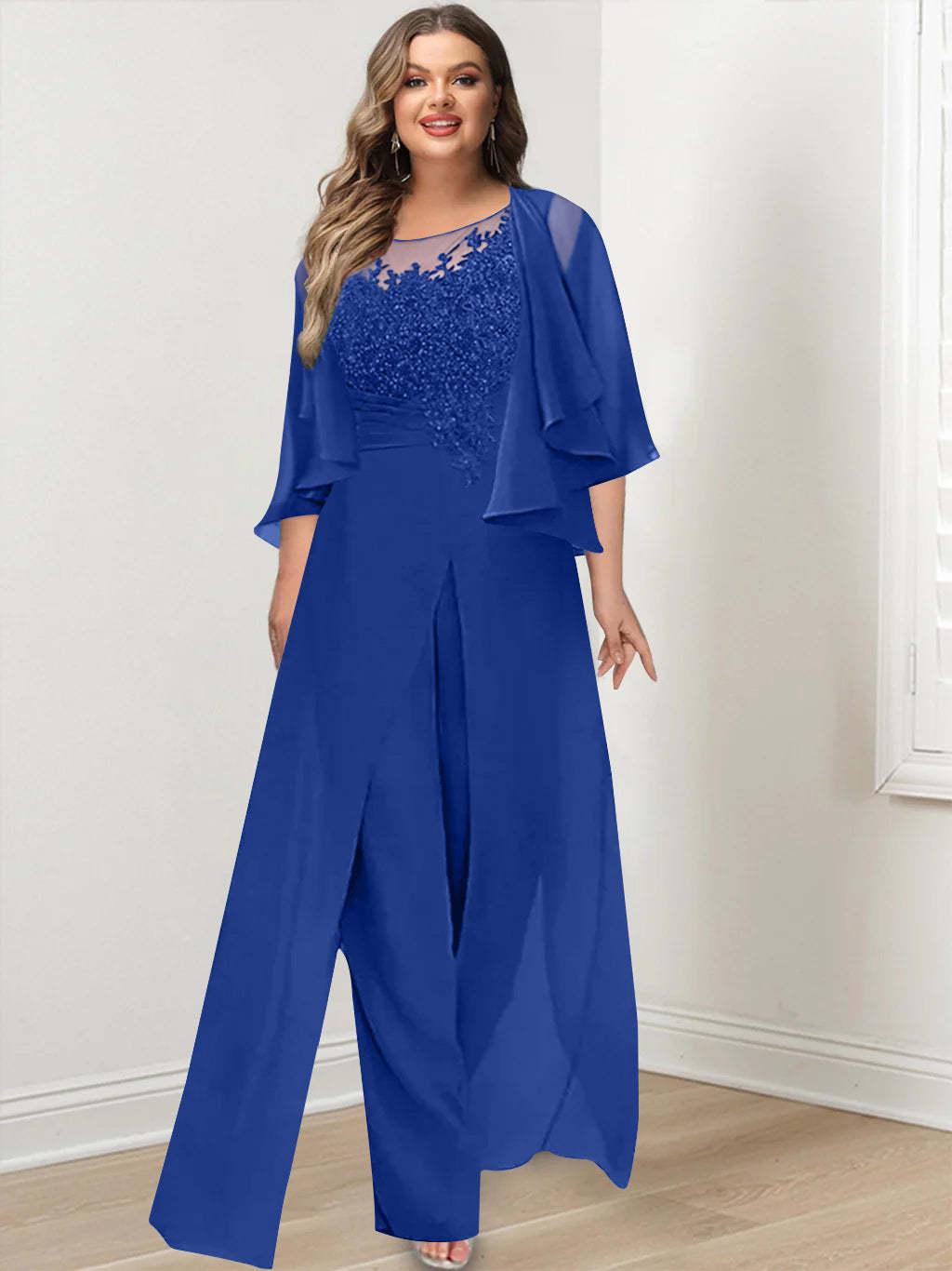 Plus Size Mother of the Bride A-Line/Princess Jumpsuit with Jacket Floor-Length Design Side Split & Appliques-BMbridal.UK