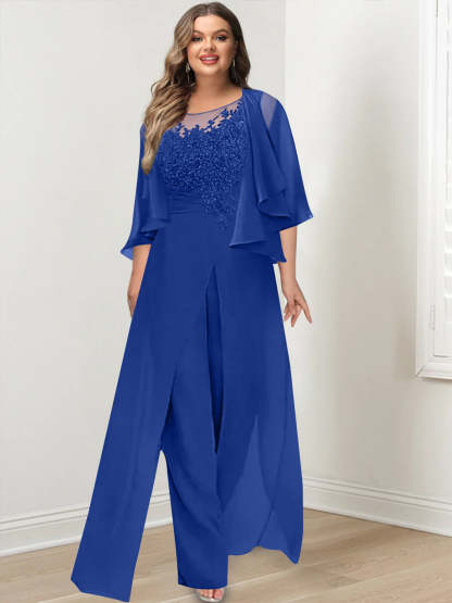 Plus Size Mother of the Bride A-Line/Princess Jumpsuit with Jacket Floor-Length Design Side Split & Appliques-BMbridal.UK
