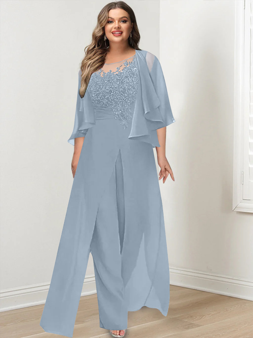Plus Size Mother of the Bride A-Line/Princess Jumpsuit with Jacket Floor-Length Design Side Split & Appliques-BMbridal.UK