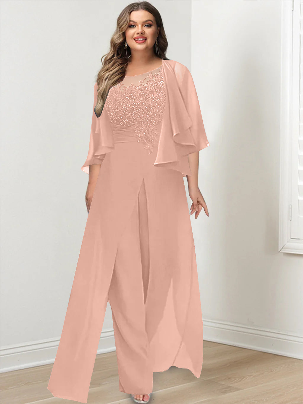 Plus Size Mother of the Bride A-Line/Princess Jumpsuit with Jacket Floor-Length Design Side Split & Appliques-BMbridal.UK