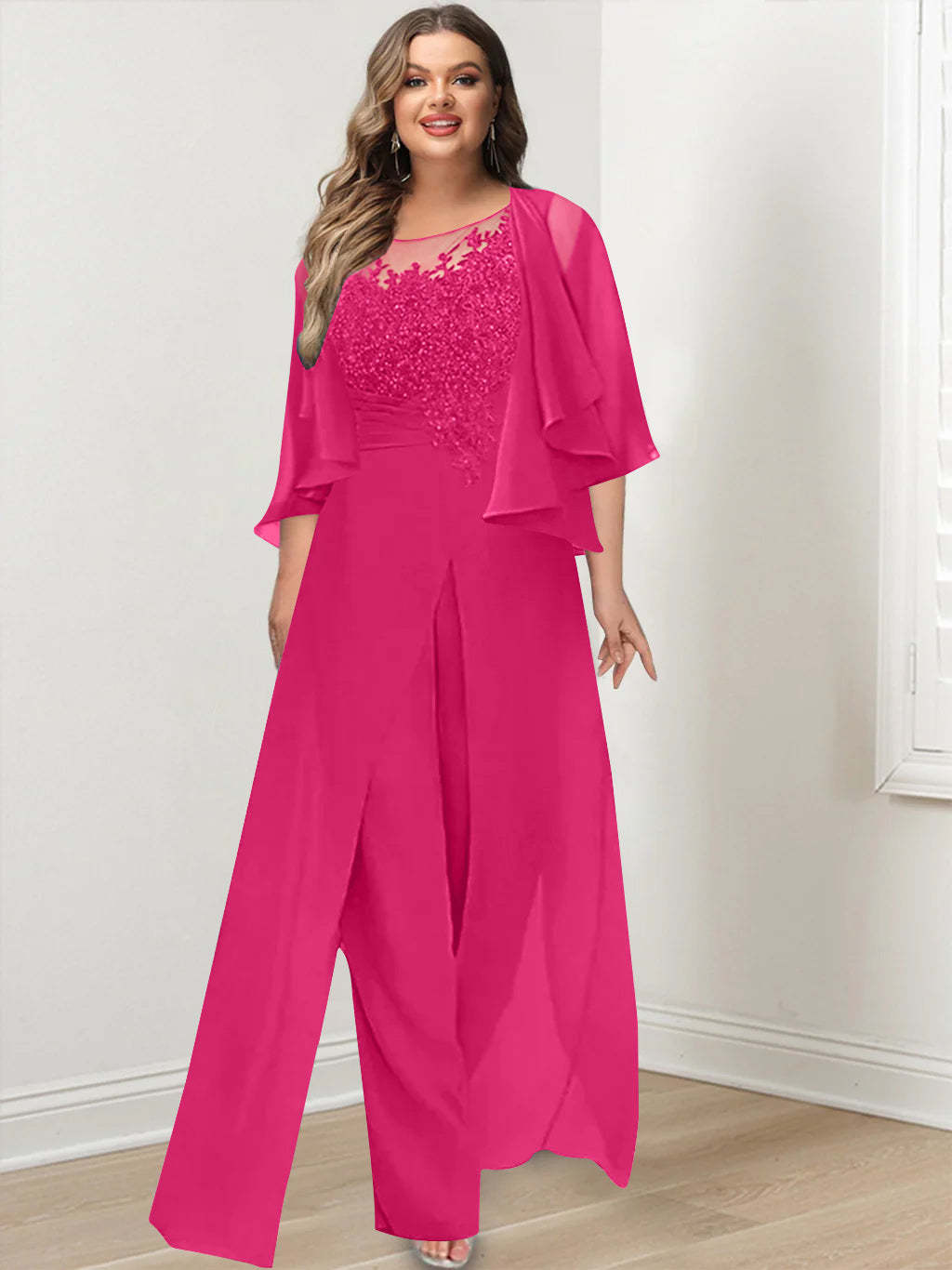 Plus Size Mother of the Bride A-Line/Princess Jumpsuit with Jacket Floor-Length Design Side Split & Appliques-BMbridal.UK