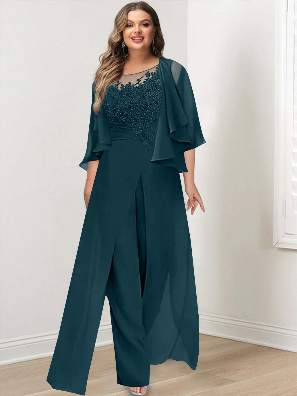 Plus Size Mother of the Bride A-Line/Princess Jumpsuit with Jacket Floor-Length Design Side Split & Appliques-BMbridal.UK