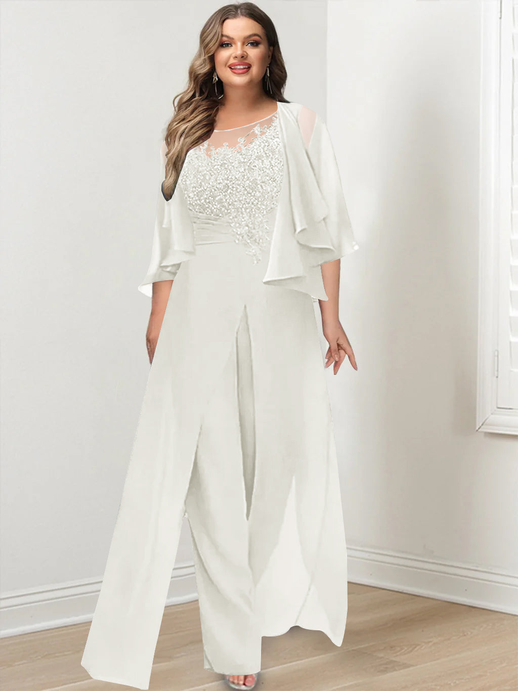Plus Size Mother of the Bride A-Line/Princess Jumpsuit with Jacket Floor-Length Design Side Split & Appliques-BMbridal.UK