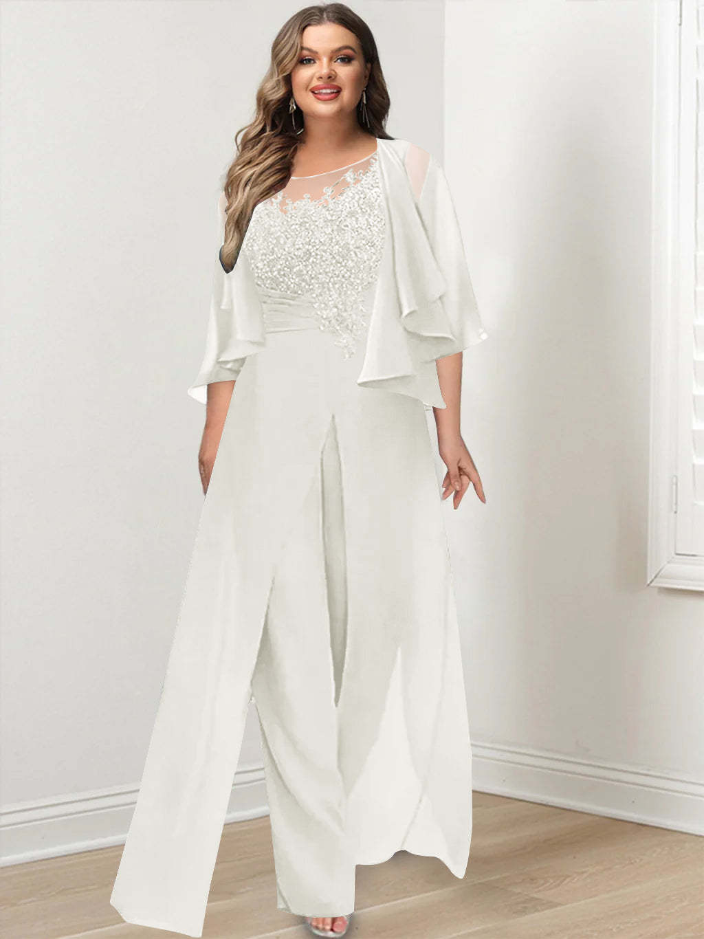 Plus Size Mother of the Bride A-Line/Princess Jumpsuit with Jacket Floor-Length Design Side Split & Appliques-BMbridal.UK