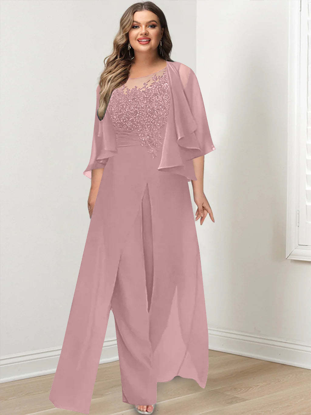 Plus Size Mother of the Bride A-Line/Princess Jumpsuit with Jacket Floor-Length Design Side Split & Appliques-BMbridal.UK