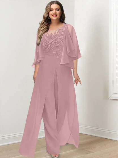 Plus Size Mother of the Bride A-Line/Princess Jumpsuit with Jacket Floor-Length Design Side Split & Appliques-BMbridal.UK