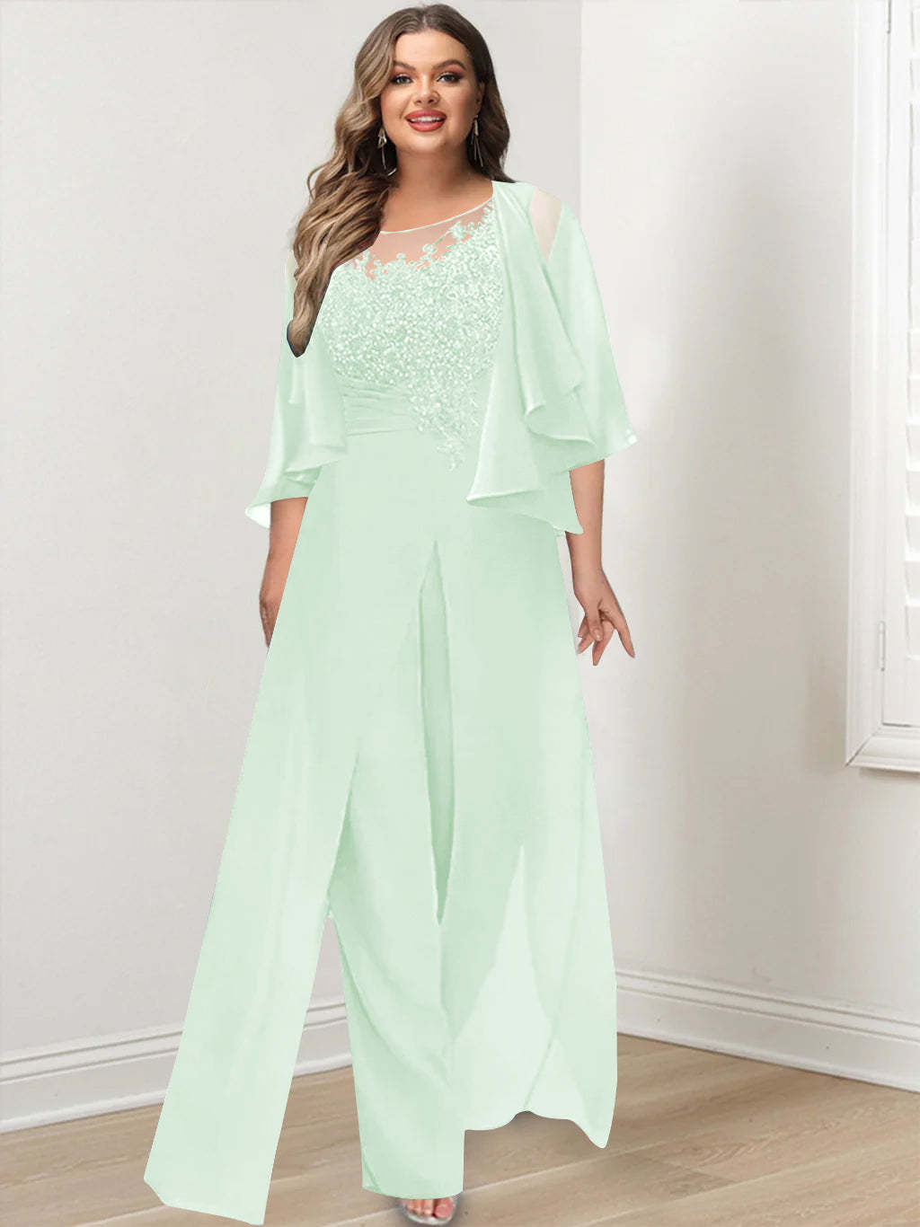 Plus Size Mother of the Bride A-Line/Princess Jumpsuit with Jacket Floor-Length Design Side Split & Appliques-BMbridal.UK