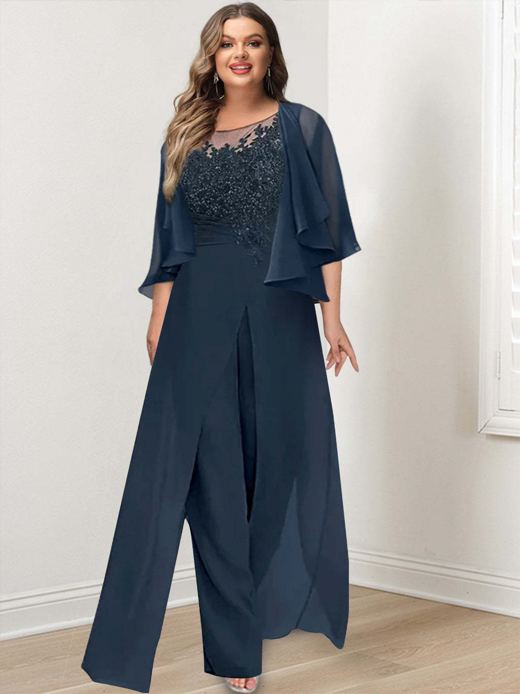 Plus Size Mother of the Bride A-Line/Princess Jumpsuit with Jacket Floor-Length Design Side Split & Appliques-BMbridal.UK