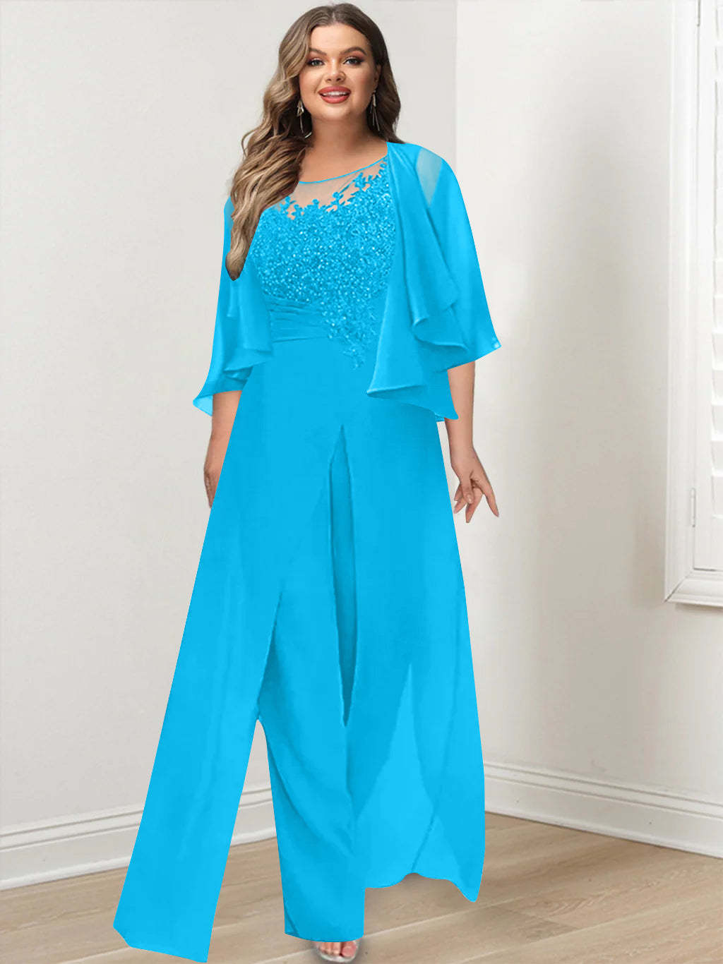 Plus Size Mother of the Bride A-Line/Princess Jumpsuit with Jacket Floor-Length Design Side Split & Appliques-BMbridal.UK