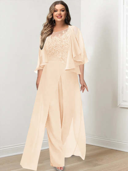 Plus Size Mother of the Bride A-Line/Princess Jumpsuit with Jacket Floor-Length Design Side Split & Appliques-BMbridal.UK