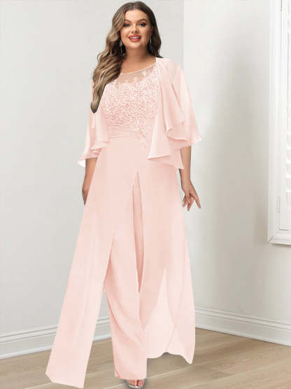 Plus Size Mother of the Bride A-Line/Princess Jumpsuit with Jacket Floor-Length Design Side Split & Appliques-BMbridal.UK