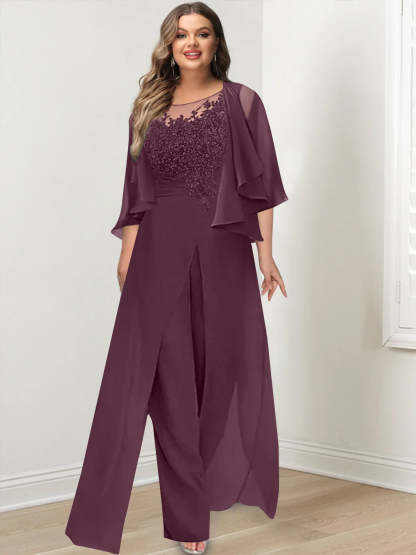 Plus Size Mother of the Bride A-Line/Princess Jumpsuit with Jacket Floor-Length Design Side Split & Appliques-BMbridal.UK