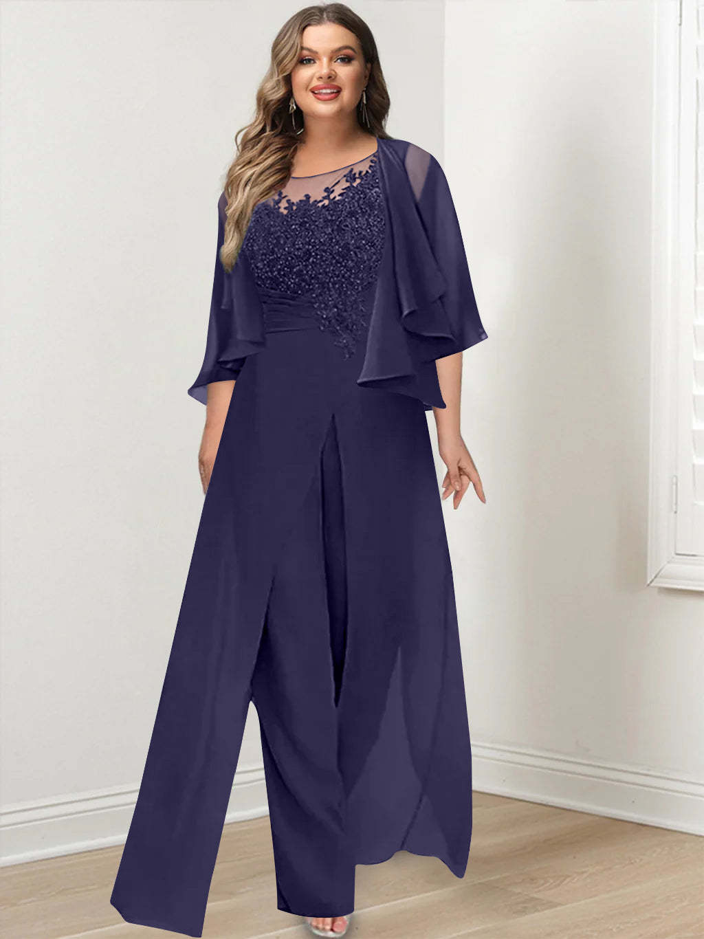 Plus Size Mother of the Bride A-Line/Princess Jumpsuit with Jacket Floor-Length Design Side Split & Appliques-BMbridal.UK