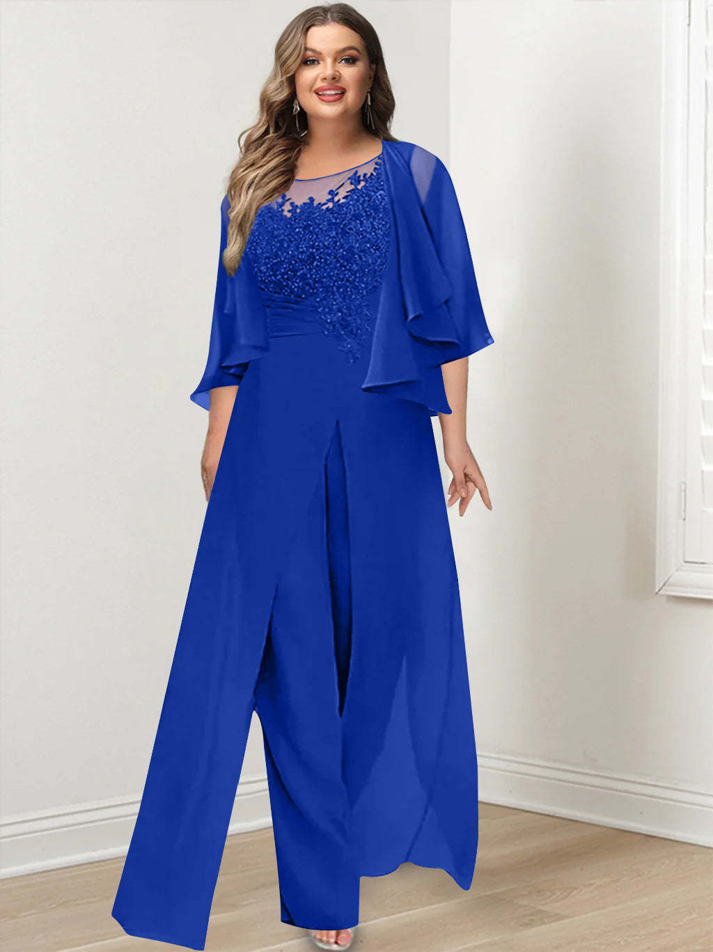 Plus Size Mother of the Bride A-Line/Princess Jumpsuit with Jacket Floor-Length Design Side Split & Appliques-BMbridal.UK