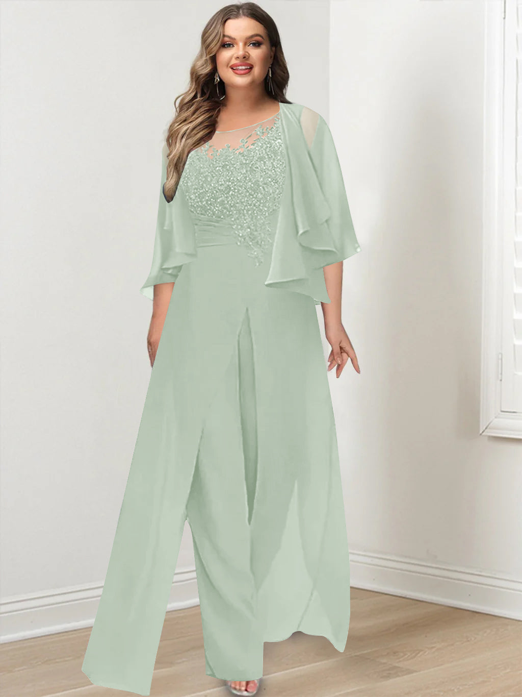 Plus Size Mother of the Bride A-Line/Princess Jumpsuit with Jacket Floor-Length Design Side Split & Appliques-BMbridal.UK