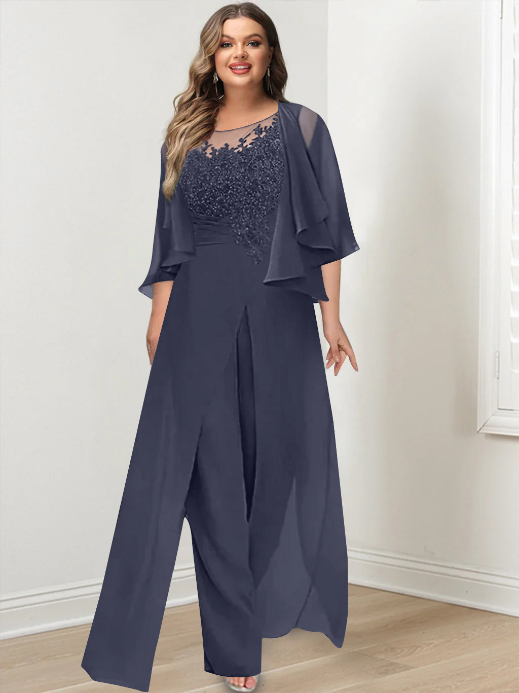 Plus Size Mother of the Bride A-Line/Princess Jumpsuit with Jacket Floor-Length Design Side Split & Appliques-BMbridal.UK