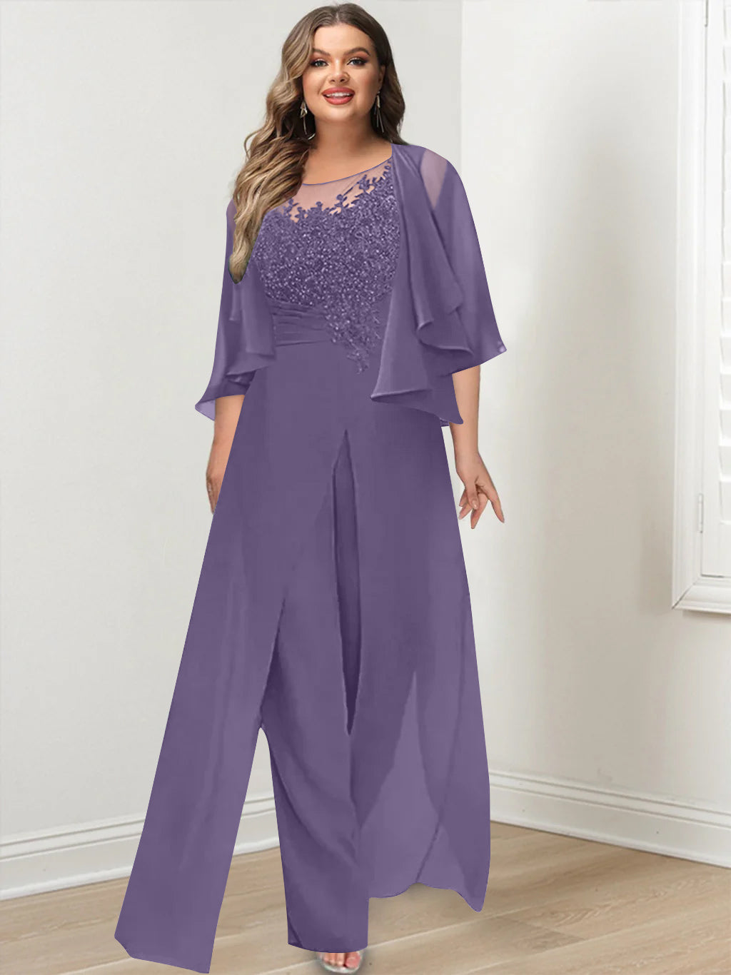 Plus Size Mother of the Bride A-Line/Princess Jumpsuit with Jacket Floor-Length Design Side Split & Appliques-BMbridal.UK