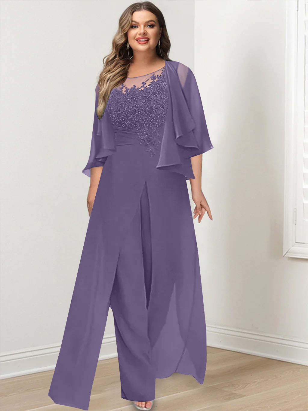 Plus Size Mother of the Bride A-Line/Princess Jumpsuit with Jacket Floor-Length Design Side Split & Appliques-BMbridal.UK