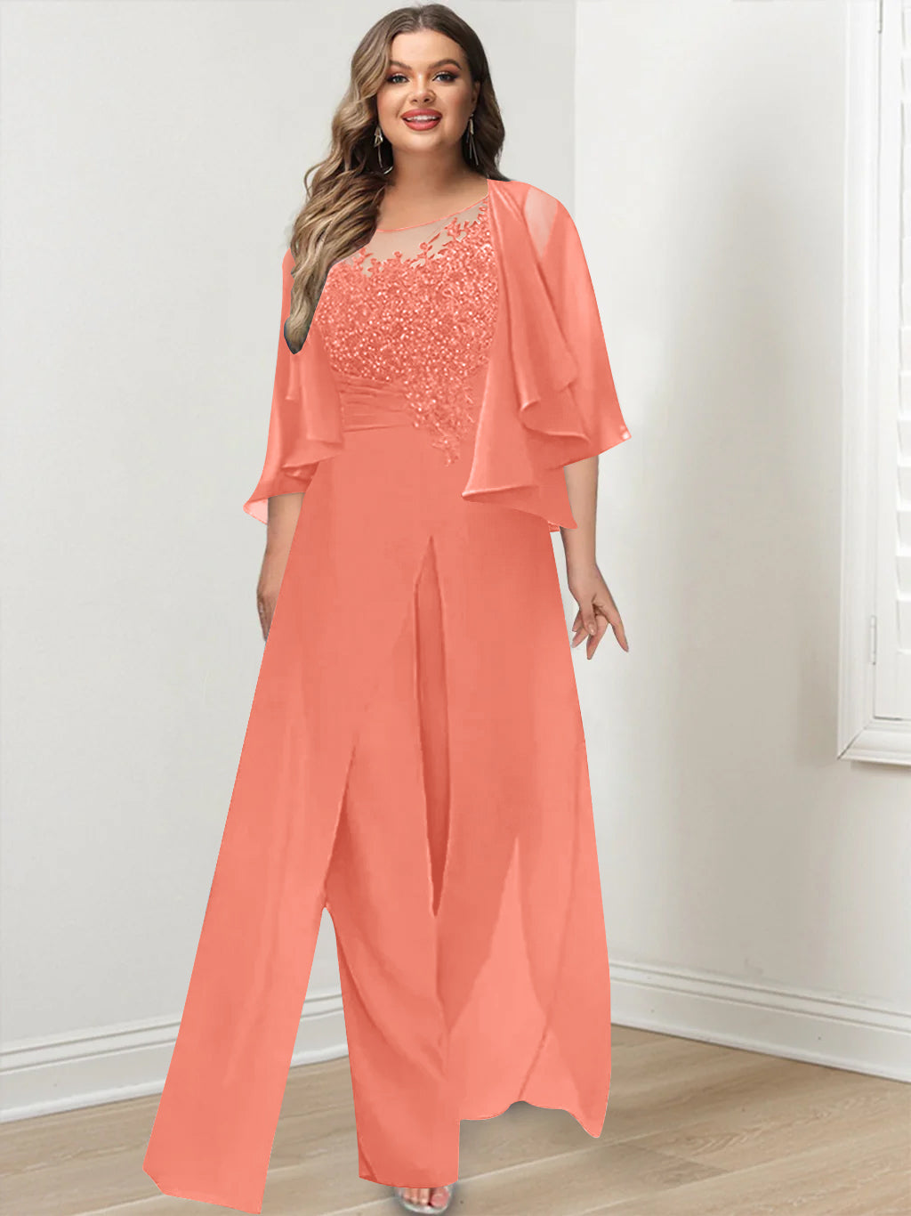 Plus Size Mother of the Bride A-Line/Princess Jumpsuit with Jacket Floor-Length Design Side Split & Appliques-BMbridal.UK