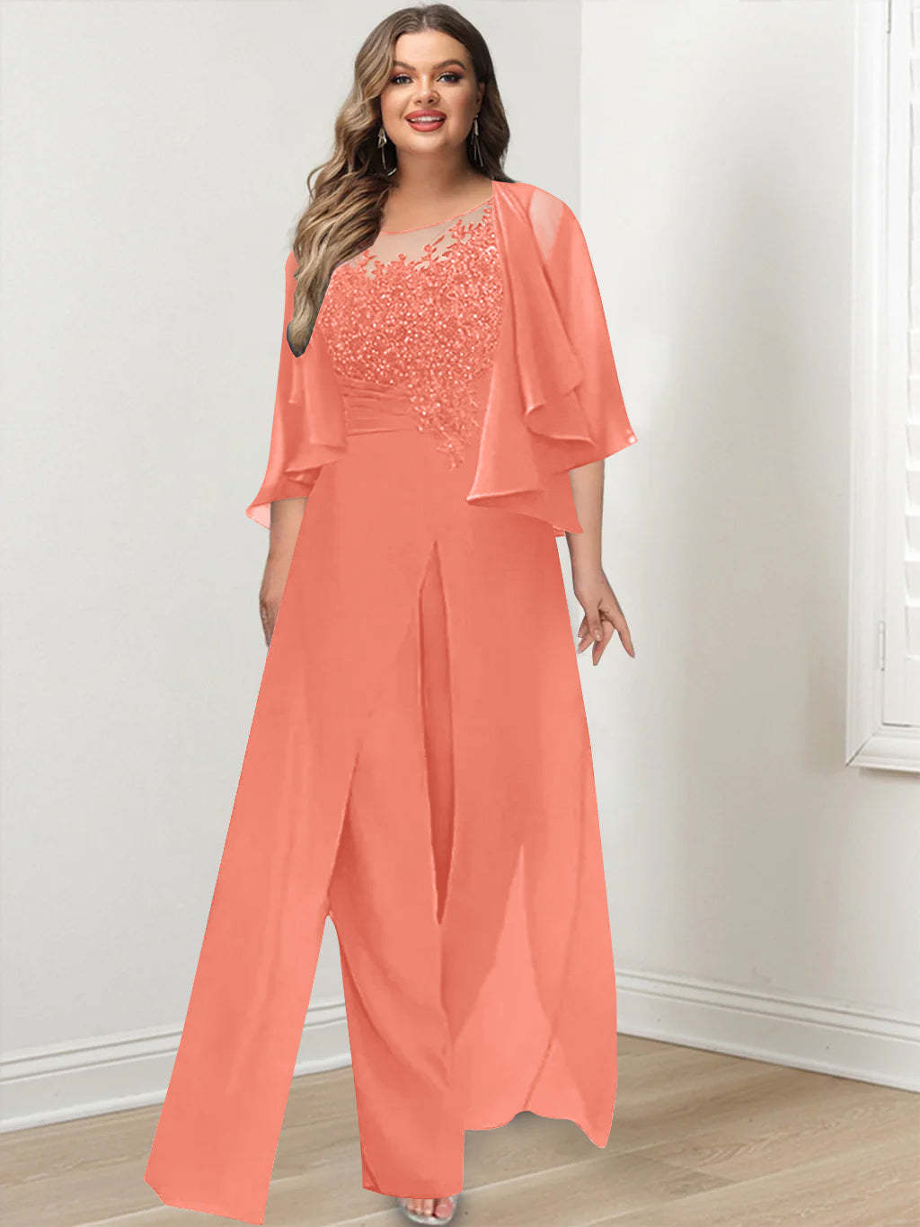 Plus Size Mother of the Bride A-Line/Princess Jumpsuit with Jacket Floor-Length Design Side Split & Appliques-BMbridal.UK
