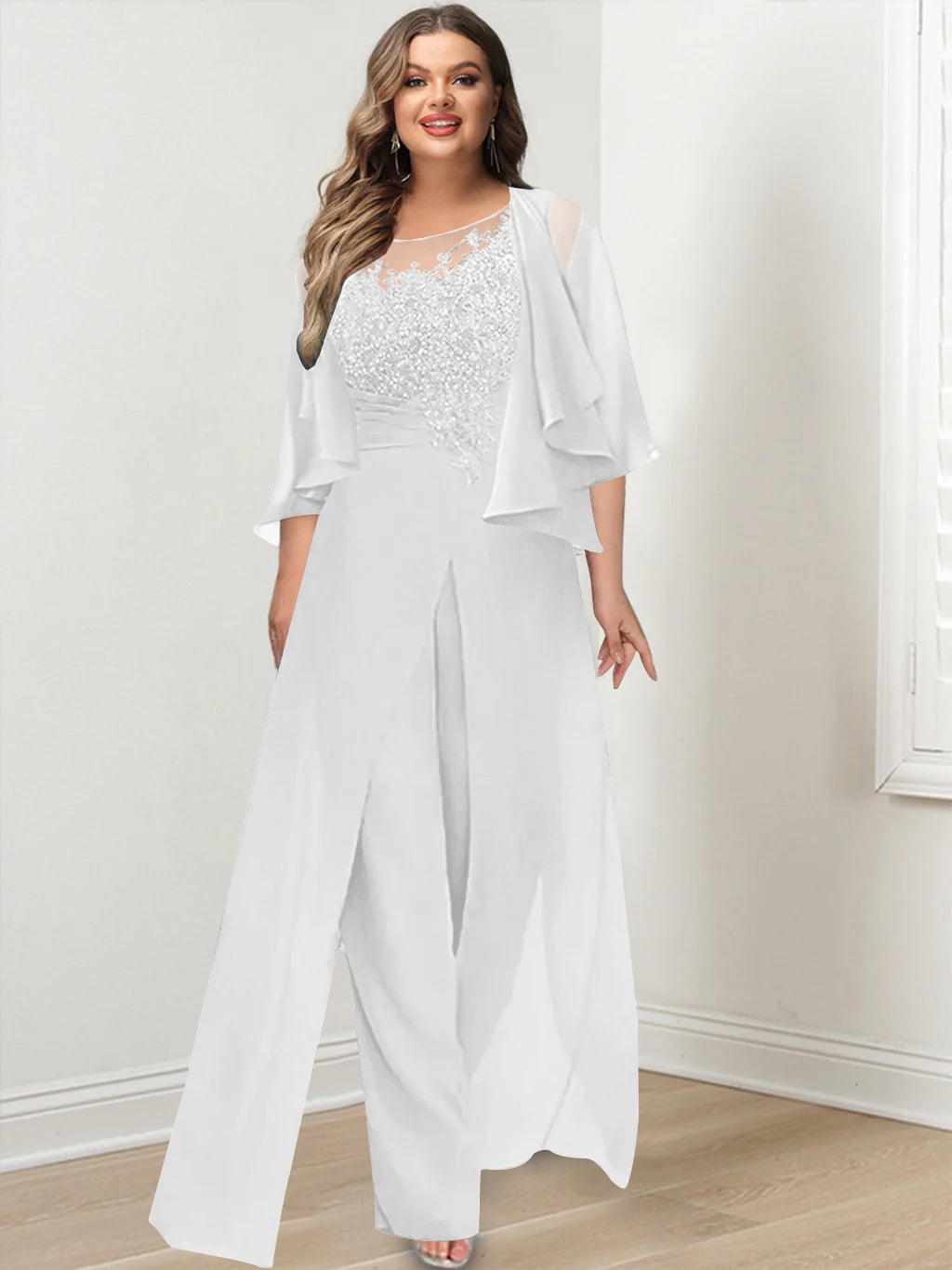 Plus Size Mother of the Bride A-Line/Princess Jumpsuit with Jacket Floor-Length Design Side Split & Appliques-BMbridal.UK